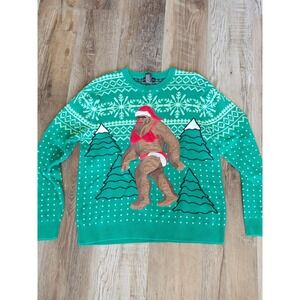 Alex Stevens Mens Green Sasquatch Bigfoot Bikini Ugly Christmas Sweater Large